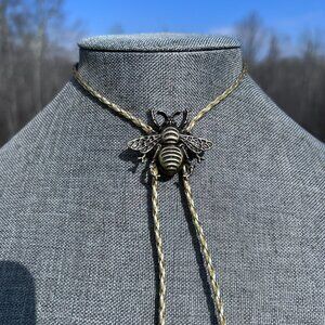 Bee Bolo Tie Necklace Golden Braided Cord Cottage Jewelry Bumblebee